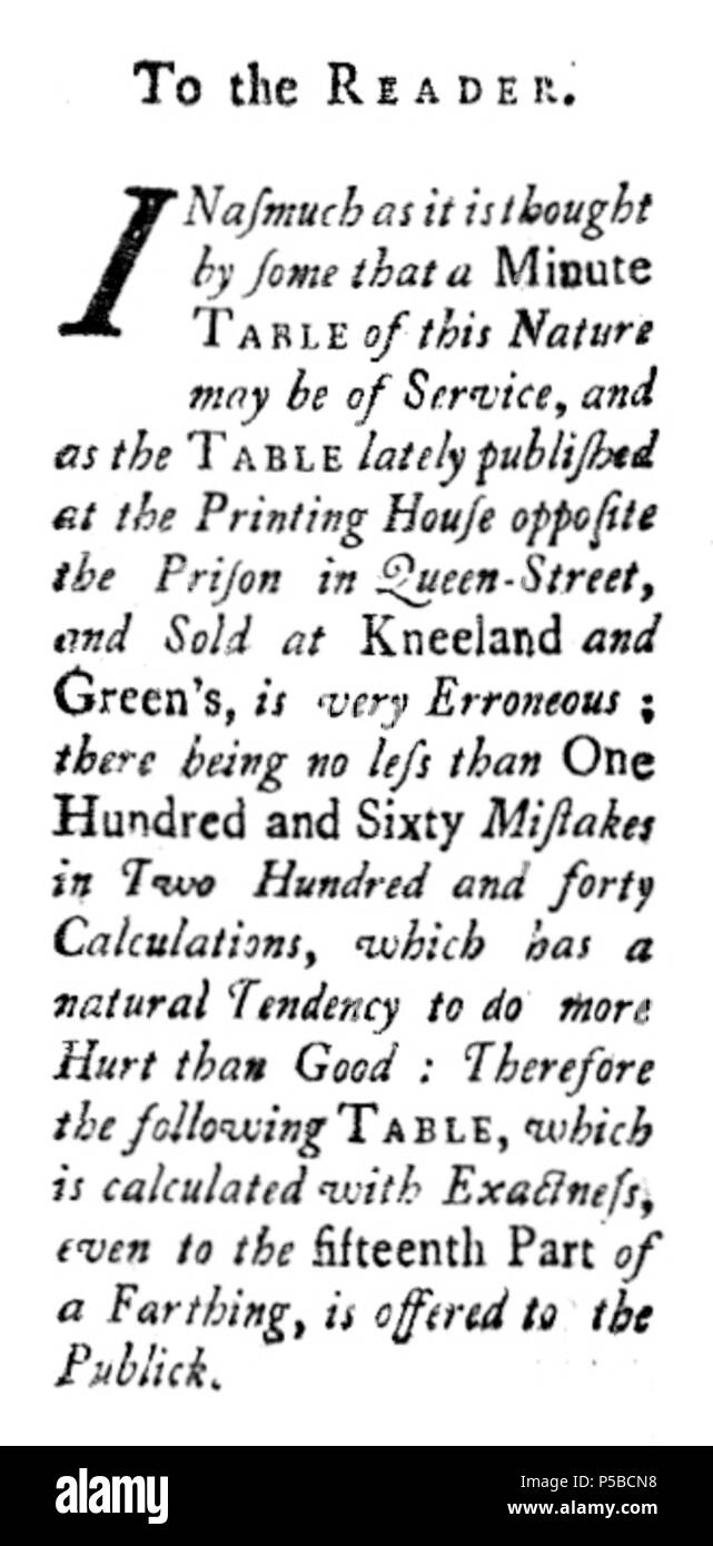 N/A. Une bonne vieille table d'apporter de l'argent licite en ténor, au taux de dollars, à six shillings par pièce, d'un sou à vingt shillings Ancien ténor ; qui peut servir de supplément à la table déjà publié par Rogers et Fowle, et être encore utile à des commerçants dans de nouvelles marquant le prix [sic] de leurs marchandises. Boston, 1750. 1750. Rogers et Fowle 23 1750 CorrectTable Rogers Fowle Boston Banque D'Images