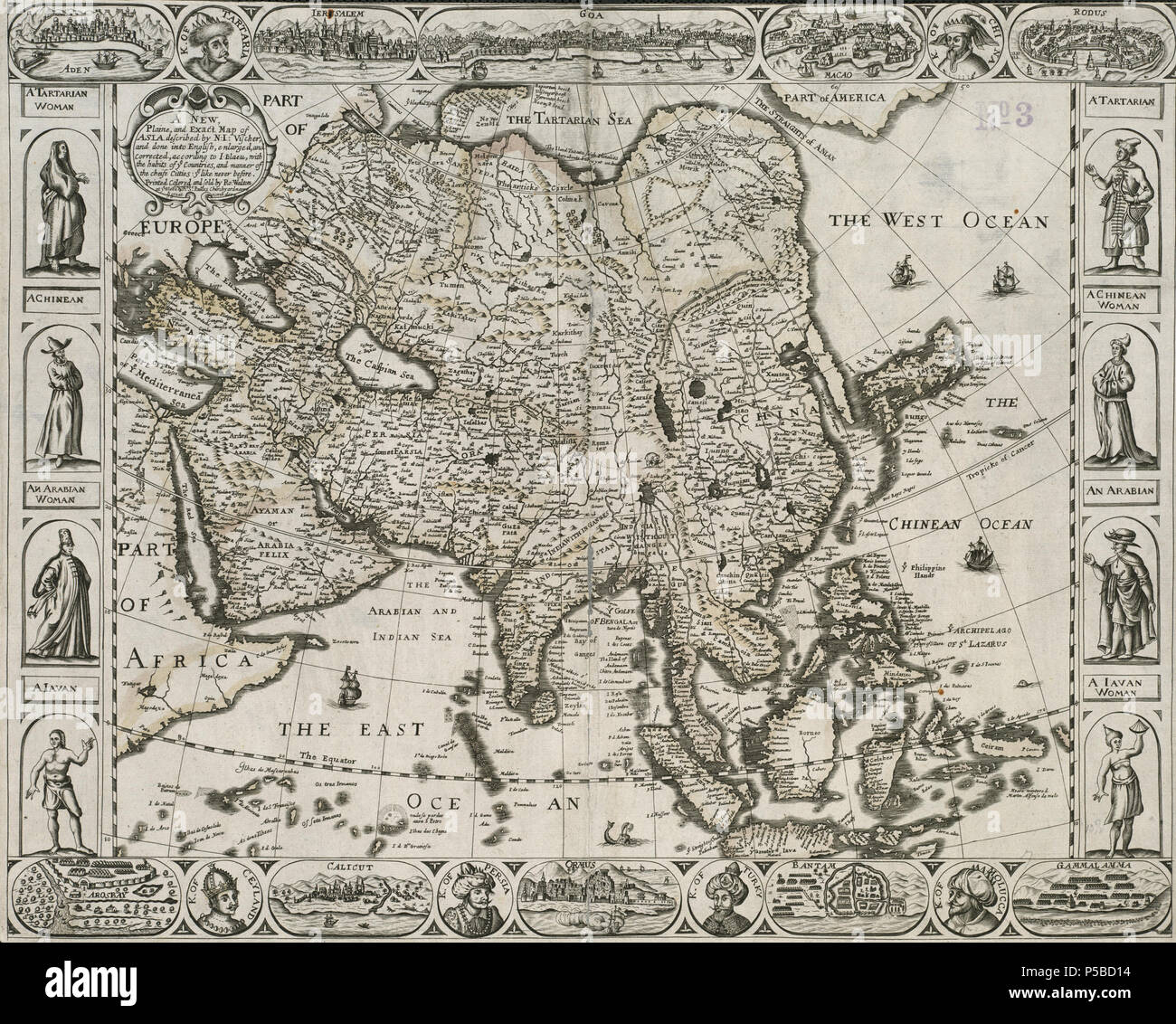 N/A. Anglais : Titre : un nouveau, plaine, et carte Asie exact décrit par N.I. Visscher et fait en anglais, agrandi, et corrigée, selon I. Blaeu, avec les habitudes des pays ye, et le mode d'cheife citties, ye comme jamais auparavant Dimensions : 35 x 43 cm . 1658. Nicolaes Visscher 142 Asie, 1658 (plaine, et la carte décrite par N.I. Visscher) Banque D'Images