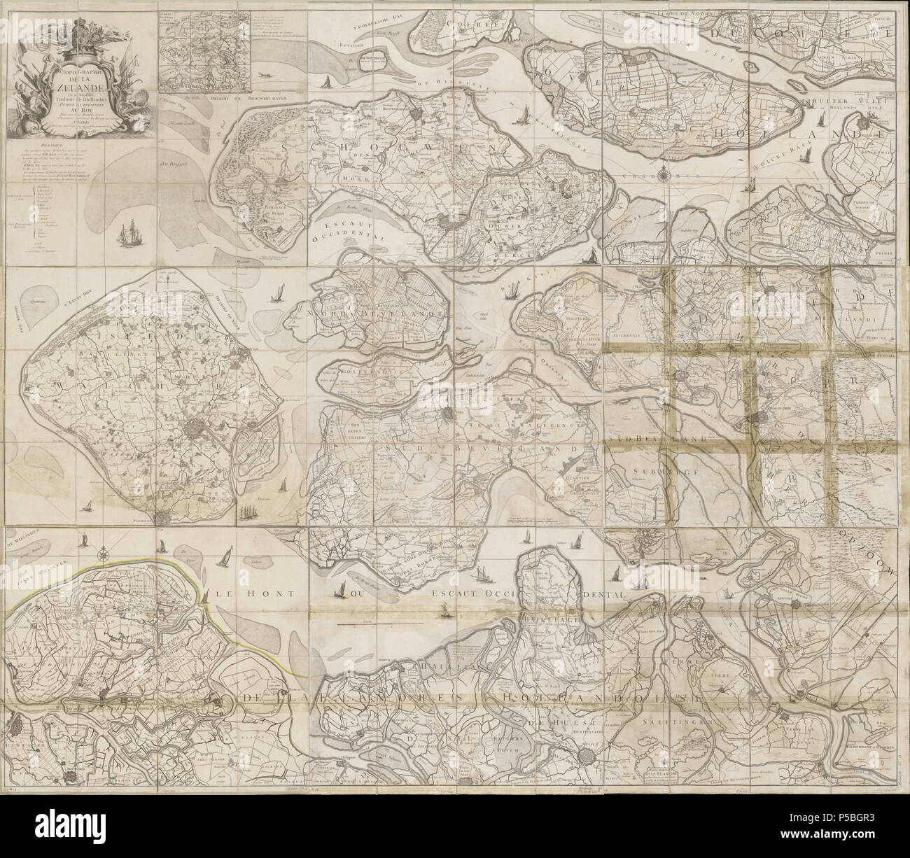 N/A. Nederlands : Wandkaart samengesteld Van Zeeland, uit 9 delen. Afmetingen 140 × 175 × 68,8 cm (55,1 in). Gekopieerd naar een kaart van Visscher. 1785. Visscher, N ; Le Rouge 25 1785 Zélande LeRouge 9x copie GAV Banque D'Images