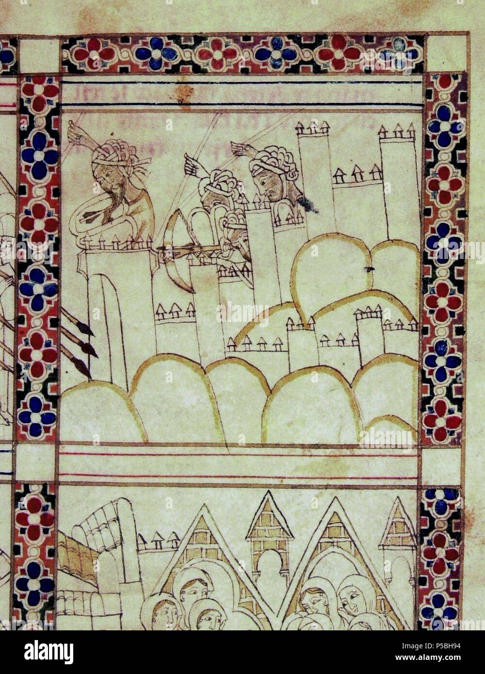 Mme.B.R.20- CANTIGA DE SANTA MARIA - Nº256 - F8-B -MOROS DEFENDIENDO UN CASTILLO - REALIZADO POR CONTINUADOR. Auteur : Alfonso X le Sage de Castille (1221-1284). Emplacement : BIBLIOTECA NACIONAL COLECCIÓN, FIRENZE, Italia. Banque D'Images