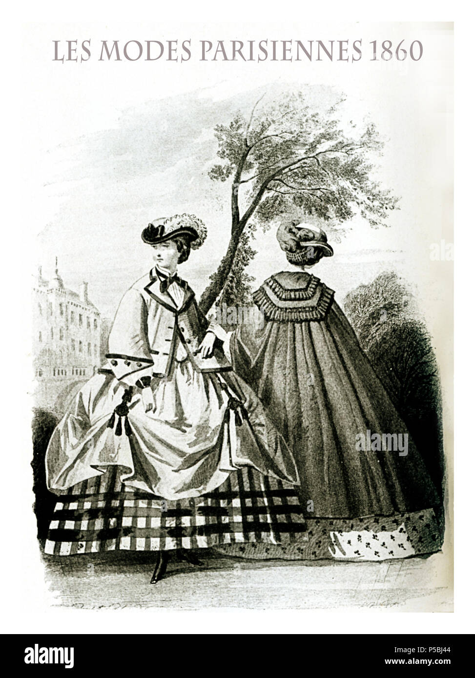1860 vintage fashion, magazine français Les Modes Parisiennes présente deux dames piscine avec des chiffons de fantaisie, manteau, veste et chapeau Banque D'Images