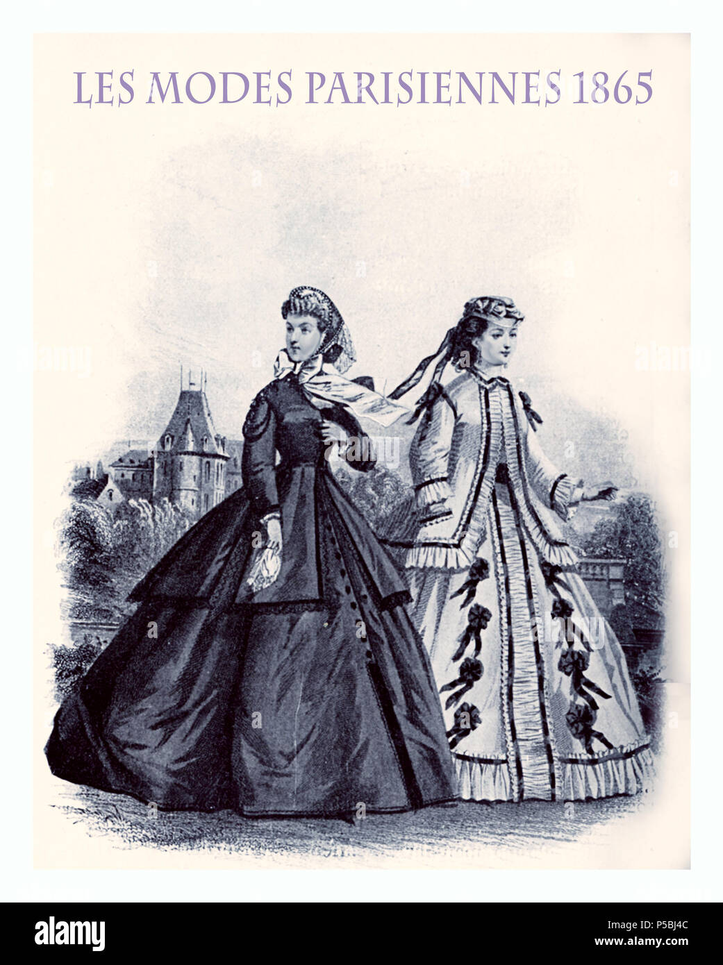 1865 vintage fashion, magazine français Les Modes Parisiennes présente deux jeunes femmes outdoor avec fantaisie, cape, veste, rubans et hairdress Banque D'Images