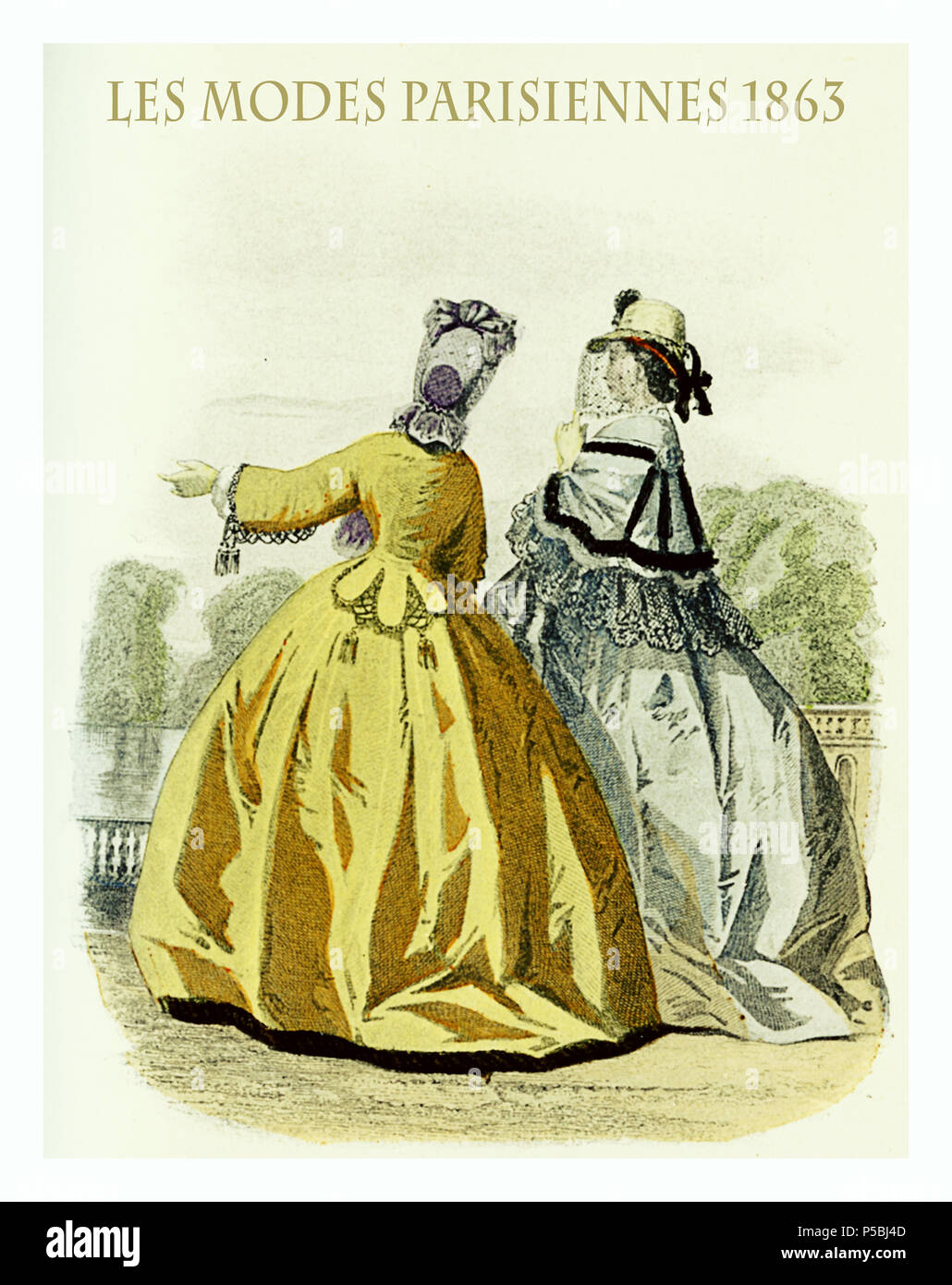 1863 vintage fashion, magazine français Les Modes Parisiennes présente deux jeunes femmes piscine en admirant le paysage avec des chiffons de fantaisie, cape, manteau, chapeau et voile Banque D'Images