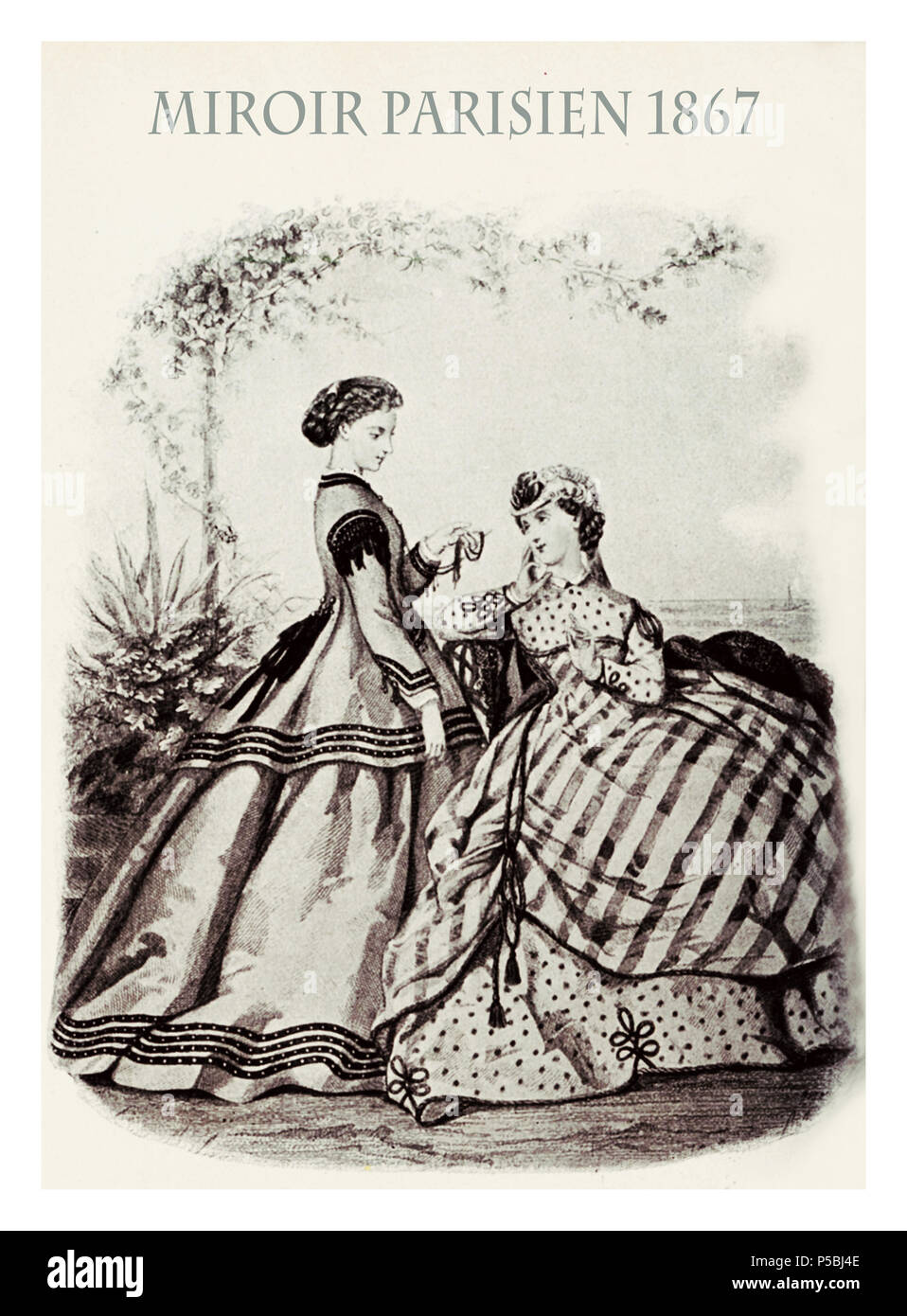 1867 fashion, magazine français Les Modes Parisiennes présente deux dames en plein air jardin chat avec des chiffons et coiffure fantaisie Banque D'Images