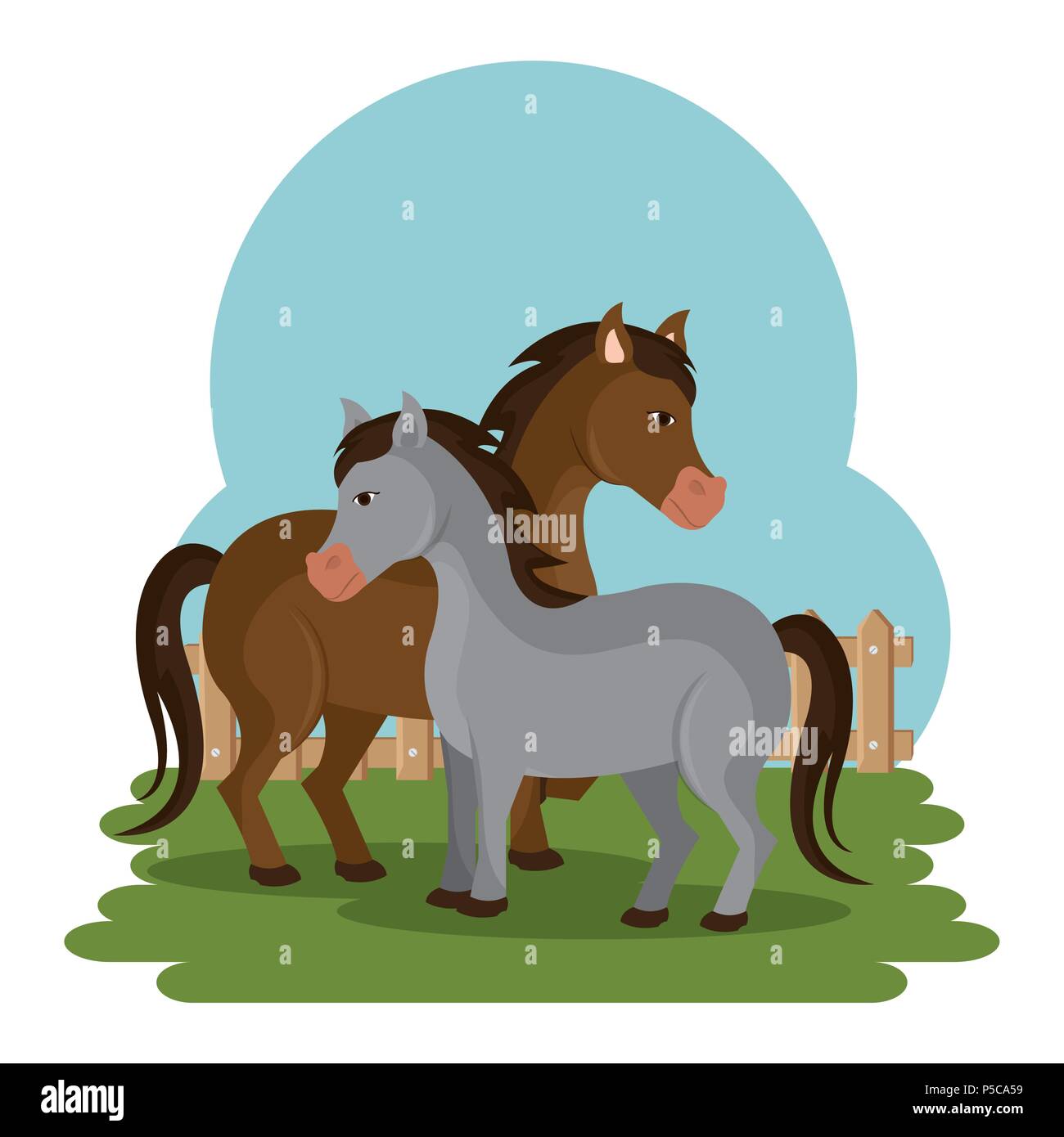 Les chevaux dans la scène de la ferme Illustration de Vecteur