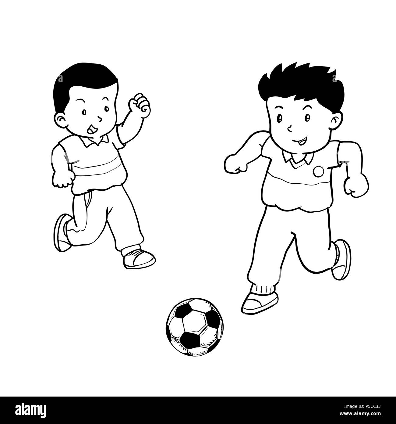 Les garçons dessinés à la main, jouer au soccer, les enfants jouent au soccer, isolé sur fond blanc. Le noir et blanc simple ligne Vector Illustration pour livre de coloriage - Illustration de Vecteur