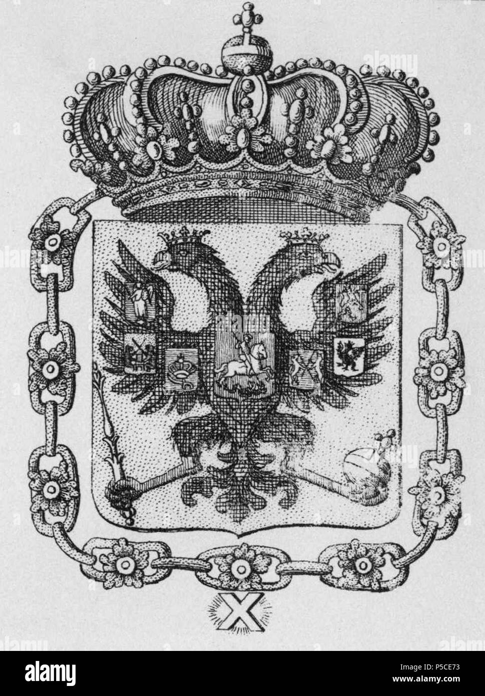 N/A. Onglet. LXXXV. b) Das russisch-kaiserliche Wappen. Ein goldener Schild  mit einem schwarzen zweiköpfigen gekrönten, Adler, dans der rechten senneur  Klaue einen goldenen Szepter und in der linken, einen goldenen Reichsapfel  hält,