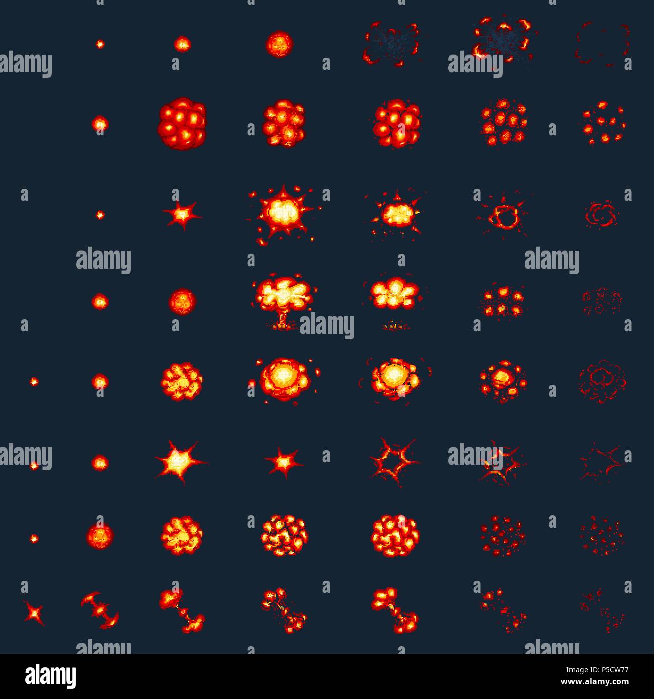 Pixel art explosion. jeu icons set. Comic boom effets flamme pour l'émotion. 8-bit vecteur. Explosion Nucléaire flash Bang exploser la bulle de la dynamite avec la fumée. Animation frame. Les étapes du procédé, vidéo incendie. Illustration de Vecteur