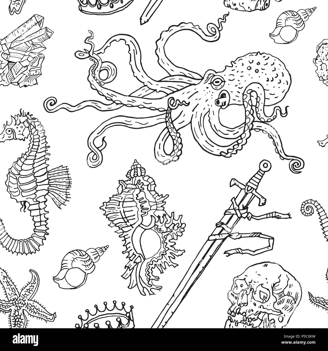 Modèle sans couture nautique : poulpes, coquillages, étoiles de mer, noyé, l'épée, la couronne, crâne de cristal, sea horse. Hand drawn vintage tattoo style gravure illustration. Sous l'eau, fantaisie, boho, kids, colorant. Illustration de Vecteur