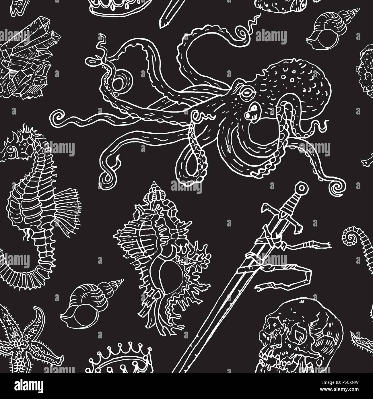 Motif : noir transparent nautique octopus, shell, étoiles, noyé, l'épée, la couronne, crâne de cristal, sea horse. Hand drawn vintage tattoo style gravure illustration. Sous l'eau, fantaisie, boho, gothique. Illustration de Vecteur