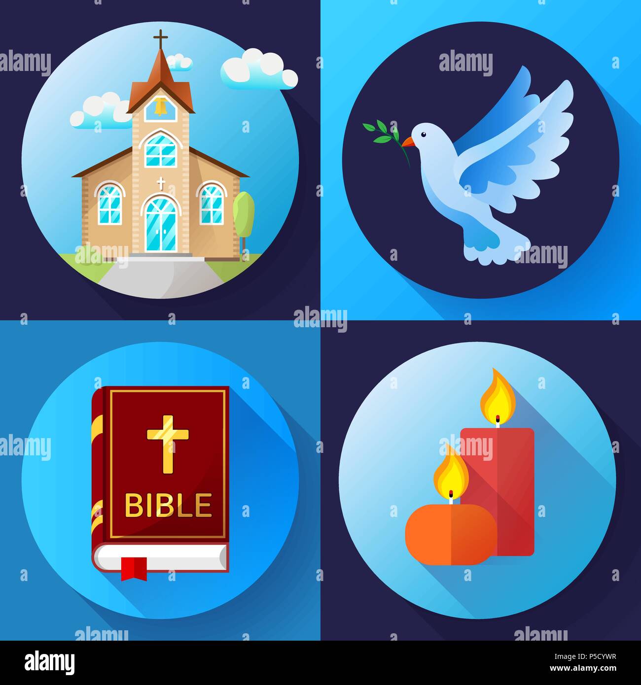 La religion Icons set vector Vector Illustration Design plat couleur. Blue dove, ancienne église, bougies et livre de la bible Illustration de Vecteur
