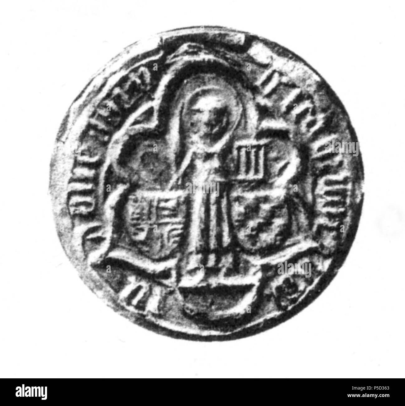 N/A. Deutsch : Oberdollendorf, Schöffensiegel 15. Août 1429. Bild : Figure des hl. Laurentius einen Rost und eine Palme dans den Händen haltend. Seitlich des Heiligen zwei Wappenschilde. Quadrierte Rechts der Schild der Herren von Heinsberg, liens geschachte Sponheim-Löwenburg von der Schild. Umschrift : Sigillum · SCABINORVM DOLLEDORP · EN ·. 1429. 463 1429 Dollendorf inconnu Banque D'Images