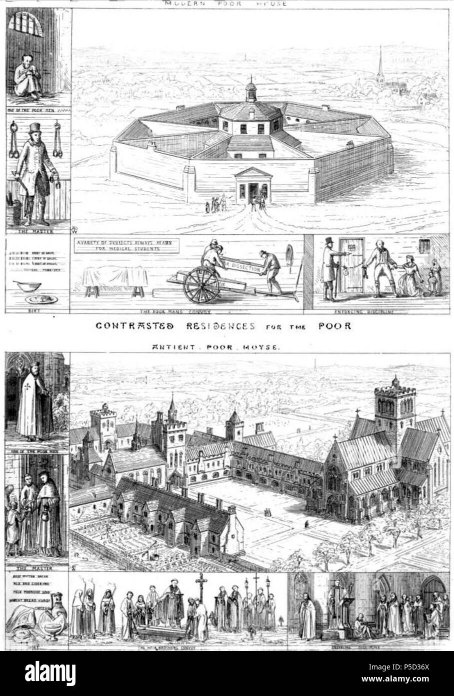 N/A. Anglais : une comparaison par Augustus Pugin du nouveau plan 1834 Workhouse, avec sa vision romantique idéal de 'Ye Olde workhouse' . 5 octobre 2011. Augustus Pugin 377 résidences contrastée pour les pauvres Banque D'Images