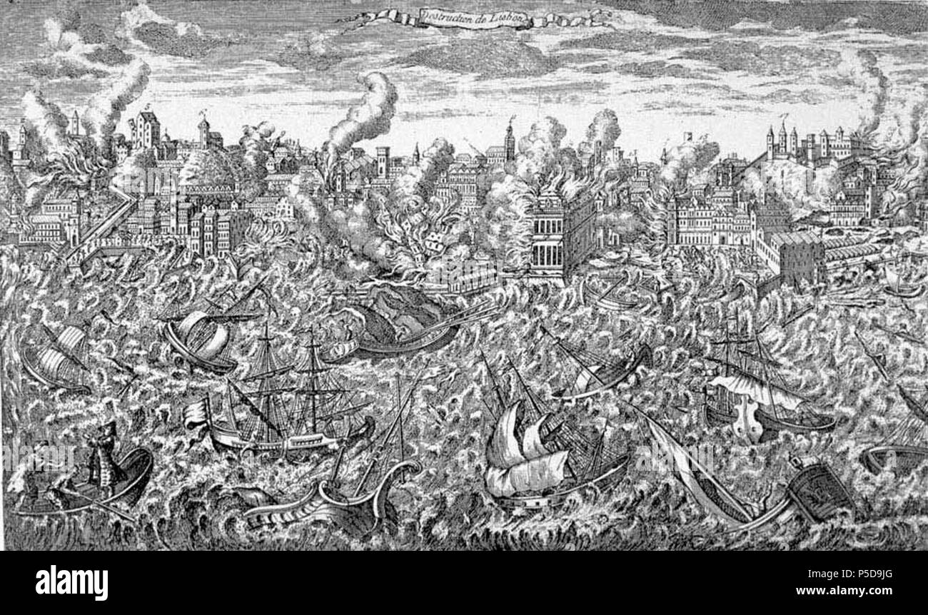 N/A. Tremblement de terre de Lisbonne 1755 English : Lisbonne, Portugal, pendant le grand tremblement de terre de 1 novembre 1755. Cette gravure sur cuivre, a fait cette année, indique la ville en ruines et en flammes. Les tsunamis se précipiter sur la rive, détruisant les quais. La gravure est également remarquable en montrant l'eau fortement perturbés dans le port, qui a coulé de nombreux navires. Les passagers dans le premier plan à gauche montrent des signes de panique. En original : Museu da Cidade, Lisbonne. Reproduit dans : O Terramoto de 1755 Testamunhos, Britanicos  = Le tremblement de Lisbonne de 1755, la comptabilité. Lisbonne : La Société historique du Portugal, 1990. P Banque D'Images