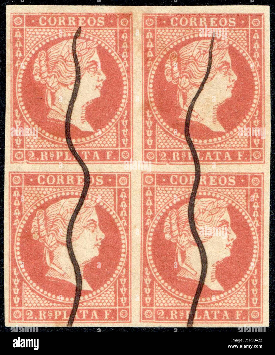 N/A. Anglais : 1857 timbres de Cuba avec portrait d'Isabel II, annulé dans le manuscrit, bloc de quatre. Deux timbres avec défauts de la plaque : broken frame en bas. Catalogue : Sc. 14. . 1857. Gouvernement espagnol de la colonie de Cuba, Cuba 1857 394 1857sc14 Banque D'Images