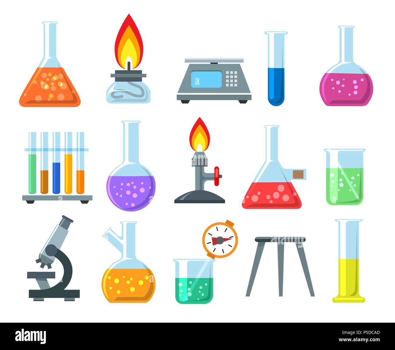 Béchers et brûleurs. Bécher et Vector set brûleur isolé sur fond blanc, verrerie de laboratoire chimique Illustration de Vecteur