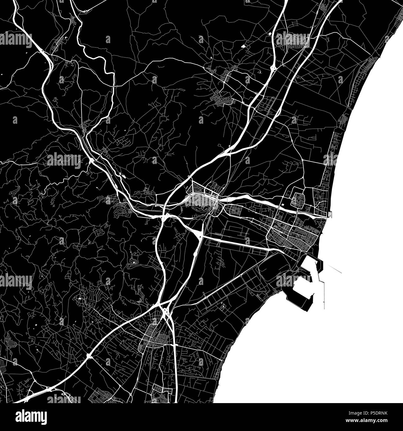 Carte de la région de Sagunto, Valence, Espagne. Fond sombre version pour l'infographie et des projets de marketing. Cette carte de Sagunto, Valence typique contient l Illustration de Vecteur