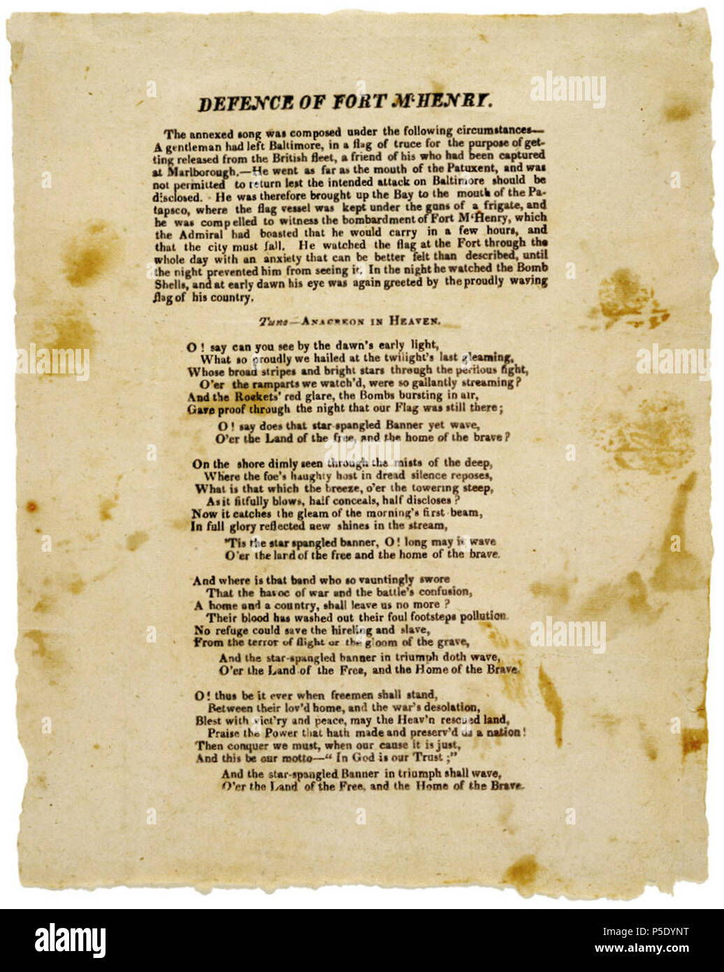 N/A. Broadside 1814 impression de la défense du fort McHenry, un poème qui est devenu plus tard l'hymne national des États-Unis . L'année 1814. Francis Scott Key (1779-1843) 431 La défense de Fort McHenry (Broadside 1814) Banque D'Images
