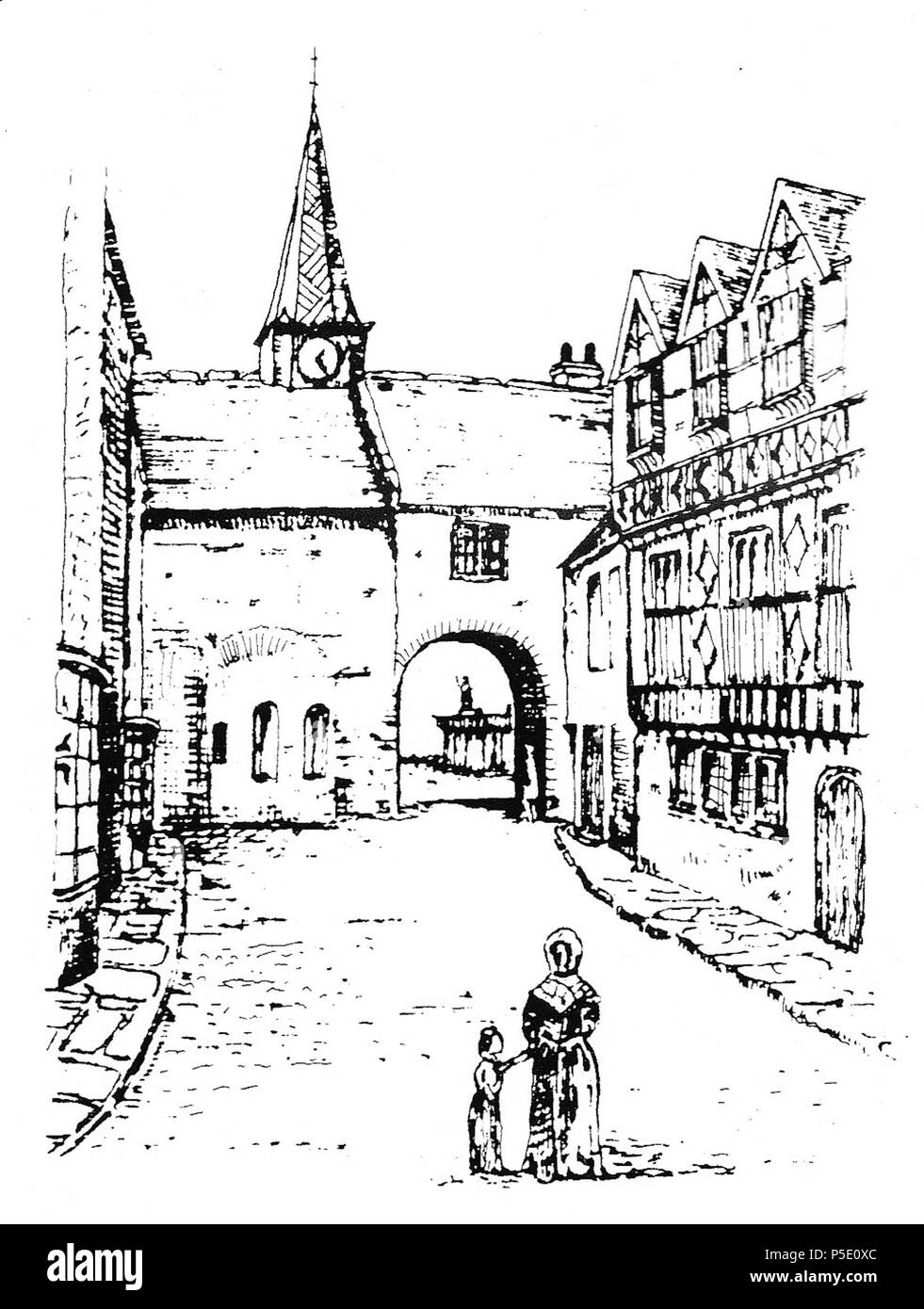 N/A. La 16e.c. Maison odderidge «' (à droite) dans la rue, Barnstaple, Devon, maison de Sir John Dodderidge (1555-1628), la justice du Banc du Roi. 19th.c. gravure par Jonathan Lomas (pb. de nouvelles usines, Derbyshire), vue à la croix vers le bas de la rue Croix haute vers l'entrée ouest et de la chapelle de St Nicolas. 19e siècle. Jonathan Lomas 459 DodderidgeHouseBarnstaple Banque D'Images