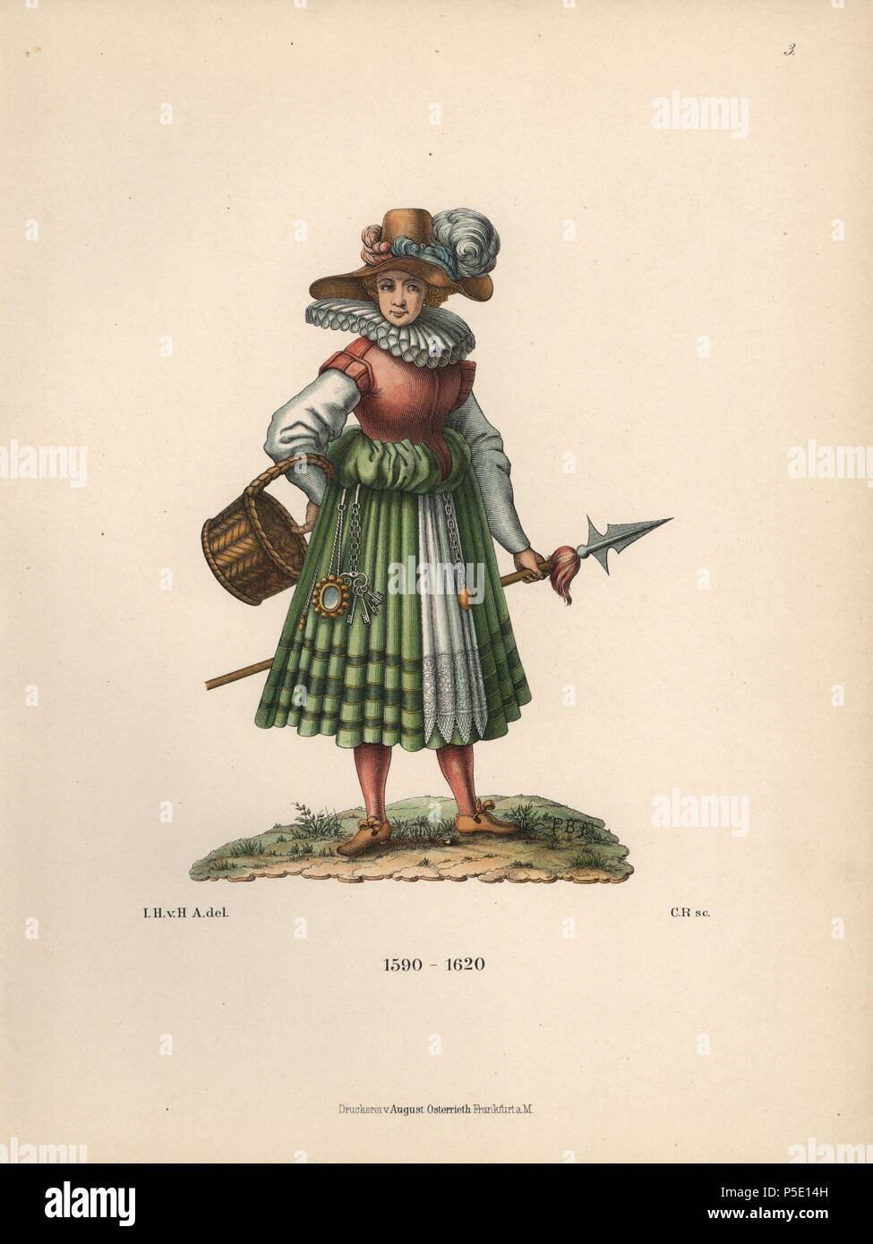 Galet de camp du 17ème siècle, avec lance et panier. Un miroir et les touches se suspendre à sa ceinture. Chromolithographie de Hefner-Alteneck's 'Costumes, Œuvres et appareils du Moyen-Âge au 17ème siècle", Francfort, 1889. Illustration par le Dr Jakob Heinrich von Hefner-Alteneck, après un original par Peter Breughel le Jeune, lithographiée par CR, et publié par Heinrich Keller. Le Dr Hefner-Alteneck (1811 - 1903) était un conservateur allemand, archéologue, historien de l'art, illustrateur et graveur. Banque D'Images