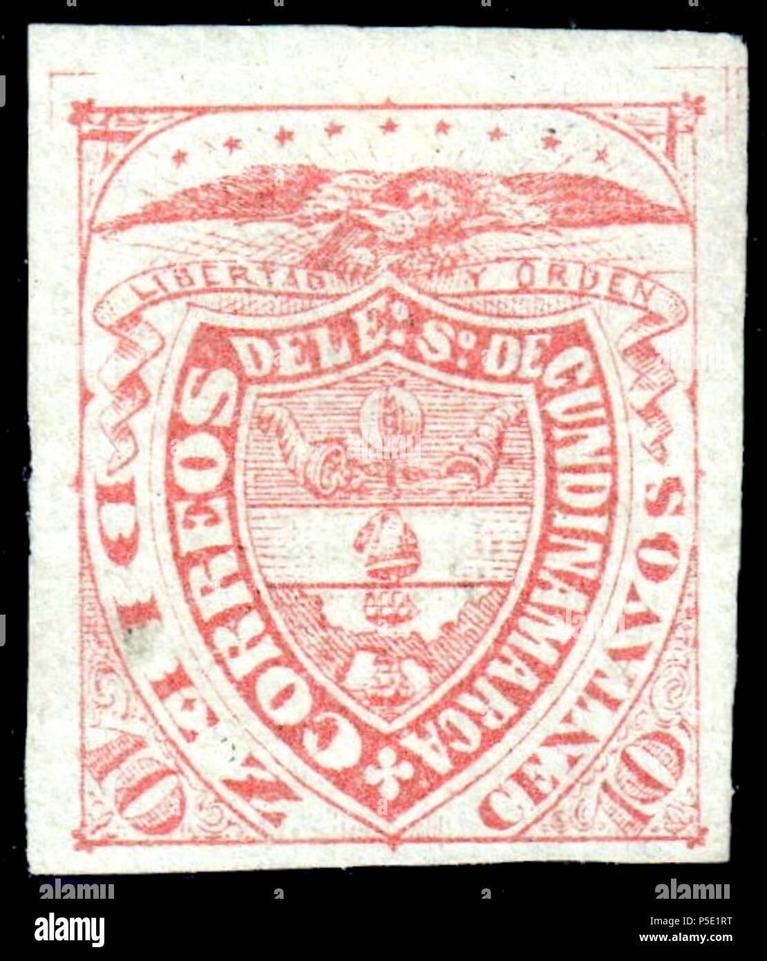 N/A. Anglais : état colombien de Cundinamarca, 1877 10 centimes rouge, menthe, papier vergé horizontalement. Catalogue Klaseboer indication valeur ***, très rare. Catalogue : Sc. 3a . 1877. Gouvernement colombien 394 Luxembourg 1877 Sc3a Banque D'Images