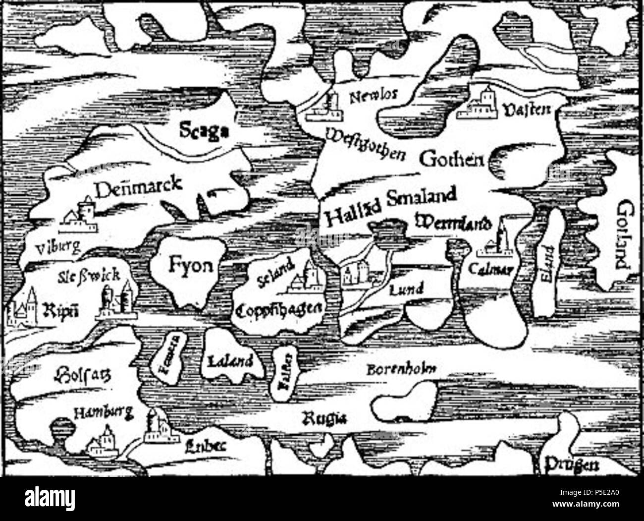 N/A. Dansk : carte historique du Danemark, 1556 Dansk : Danmarkskort fra 1556 . 1556. Inconnu 458 DK-kort-1554-rad2 Banque D'Images