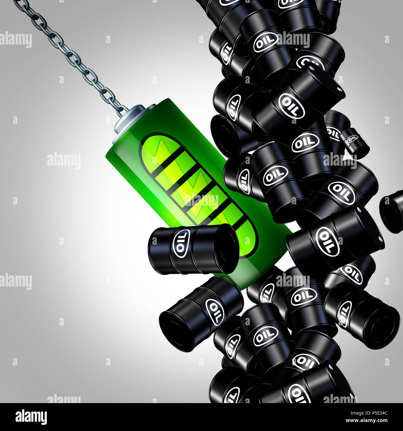 L'énergie électrique en tenant plus de l'industrie pétrolière, une batterie renouvelable démolir un groupe de barils de pétrole brut en tant que 3D render. Banque D'Images