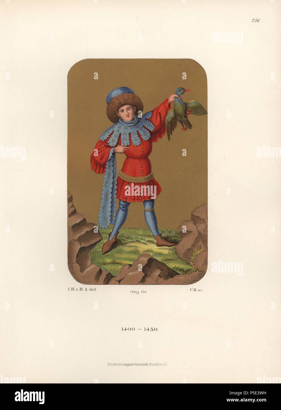 Robe masculine du début du xve siècle, à partir d'une carte à jouer dans la Bibliothèque royale de Stuttgard. Il porte un grand chapeau et une tunique avec col et poignets élaborée. Il griffes un oiseau dans sa main gauche. Chromolithographie de Hefner-Alteneck's 'Costumes, Œuvres et appareils du début du Moyen Âge à la fin du 18ème siècle, Francfort, 1883'. IIlustration dessiné par Hefner-Alteneck, lithographiée par C. Regnier, et publié par Heinrich Keller. Le Dr Jakob Heinrich von Hefner-Alteneck (1811-1903), était un archéologue, historien de l'art et d'Illustrator. Il a été directeur de la National Bavarois Banque D'Images
