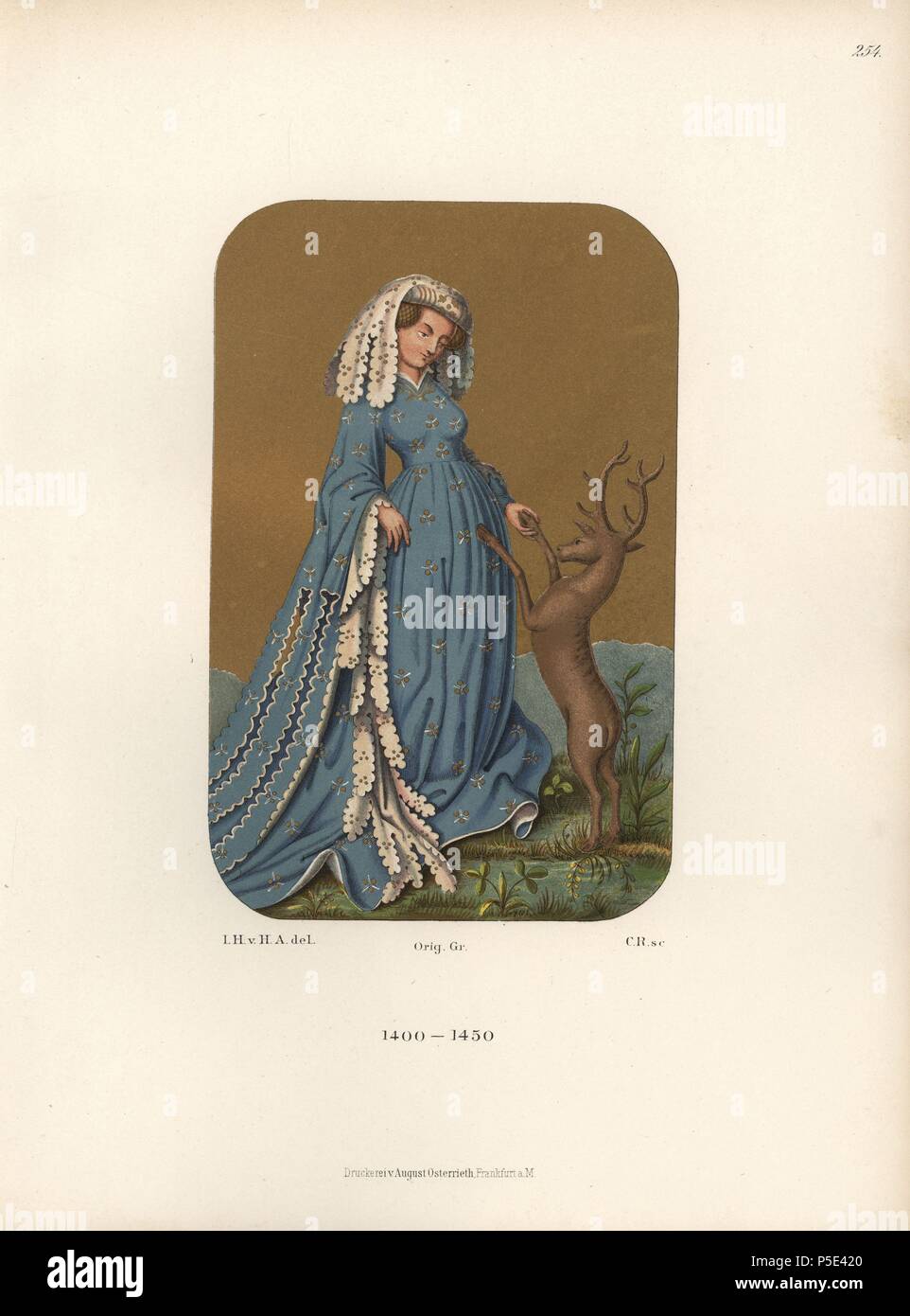 Robe de femme du début du 15ème siècle, à partir d'une carte à jouer dans la Bibliothèque royale de Stuttgard. Elle porte un turban et longue comme elle joue avec un cerf. Chromolithographie de Hefner-Alteneck's 'Costumes, Œuvres et appareils du début du Moyen Âge à la fin du 18ème siècle, Francfort, 1883'. IIlustration dessiné par Hefner-Alteneck, lithographiée par C. Regnier, et publié par Heinrich Keller. Le Dr Jakob Heinrich von Hefner-Alteneck (1811-1903), était un archéologue, historien de l'art et d'Illustrator. Il a été directeur de la musée national bavarois de 1868 jusqu'à 1886. Banque D'Images