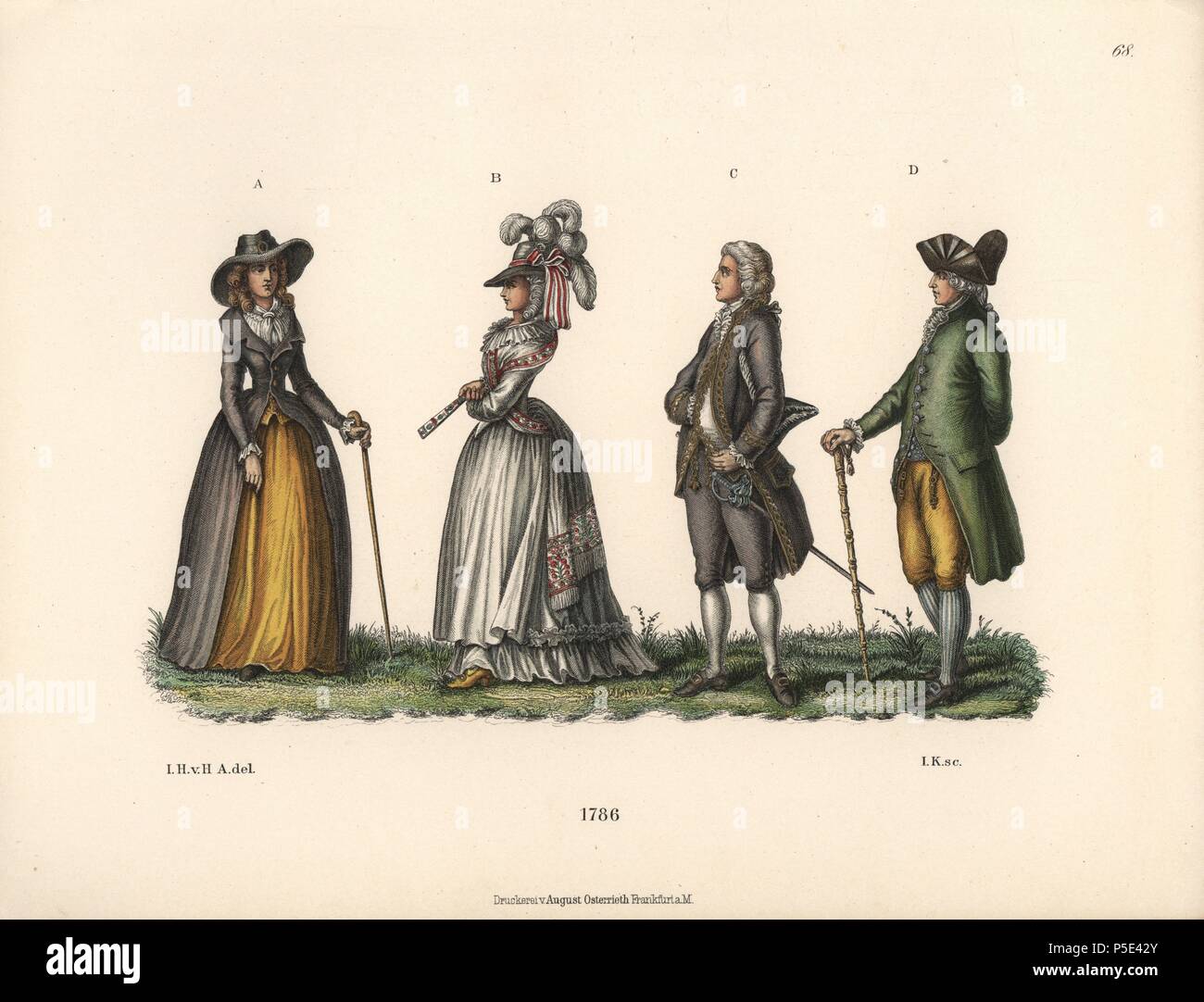 Les hommes et les femmes de la mode 1786. Femme en redingote, et la femme  de la mode anglaise portant un châle. Homme en costume avec une épée, et un  jeune homme
