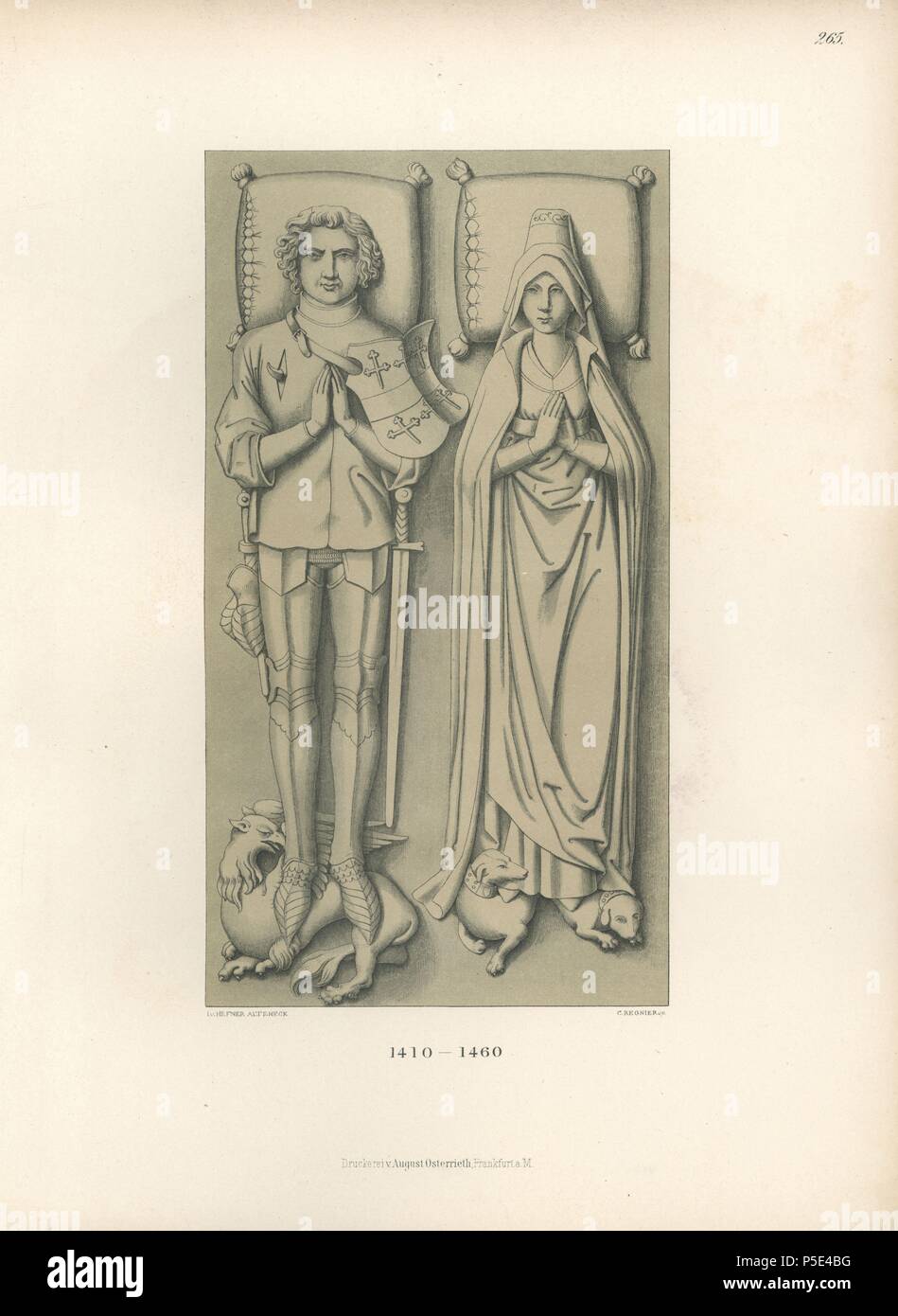 Chevalier en armure du 15ème siècle avec le bouclier et l'épée héraldique. Son épouse à côté porte une coiffure originale. Musée de Dresde des dessins et estampes. Chromolithographie de Hefner-Alteneck's 'Costumes, Œuvres et appareils du début du Moyen Âge à la fin du 18ème siècle, Francfort, 1883'. IIlustration dessiné par Hefner-Alteneck, lithographiée par C. Regnier, et publié par Heinrich Keller. Le Dr Jakob Heinrich von Hefner-Alteneck (1811-1903), était un archéologue, historien de l'art et d'Illustrator. Il a été directeur de la musée national bavarois de 1868 jusqu'à 1886. Banque D'Images