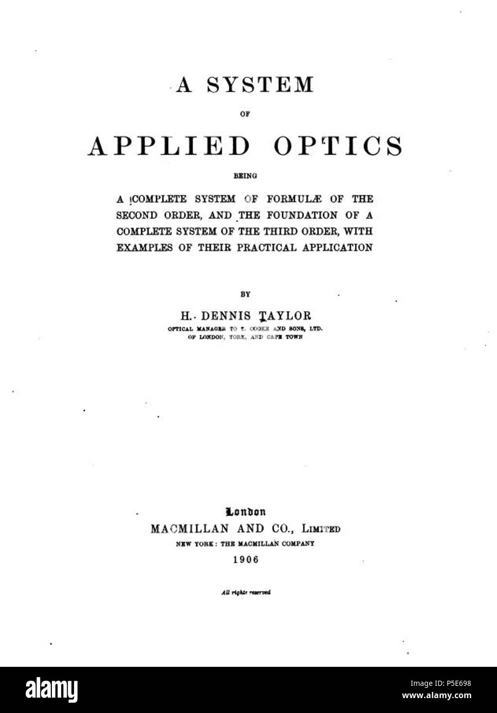 N/A. Anglais : page de couverture 1906 Dennis Taylor un système d'Optique Appliquée . 1906. Dennis Taylor 46 Un système d'Optique Appliquée Banque D'Images