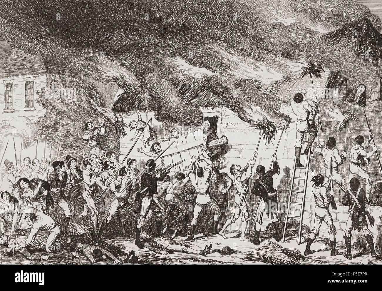 "Massacre à Scullabogue". Illustration par George Cruikshank. Le massacre a été d'une atrocité commise par des insurgés au cours de la rébellion irlandaise de 1798 qui a coûté la vie de plus de 100 hommes non, les femmes et les enfants. Il a eu lieu à Scullabogue, près de Newbawn, comté de Wexford. À partir de l'histoire de la rébellion irlandaise de 1798 ; avec des mémoires de l'Union européenne, et l'Insurrection, Emmett en 1803 par W.H. Maxwell. Publié à Londres en 1854. Banque D'Images