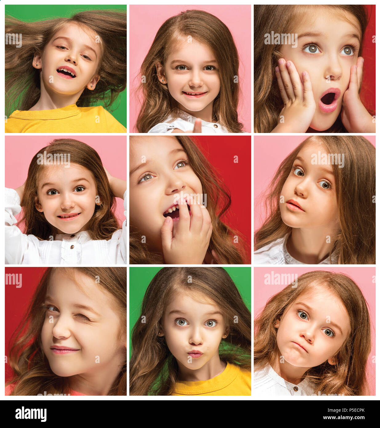 Le collage des différentes expressions du visage humain, les émotions et sentiments de jeune fille de l'adolescence. Banque D'Images