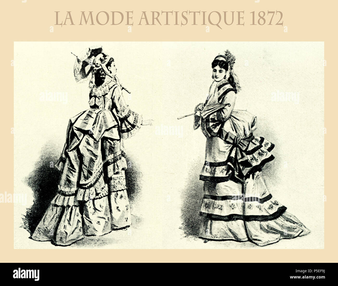 'Fin de la mode 800, le magazine français La mode artistique 1872 présente deux dames avec fantaisie flounced jupes, parasol et la coiffure Banque D'Images