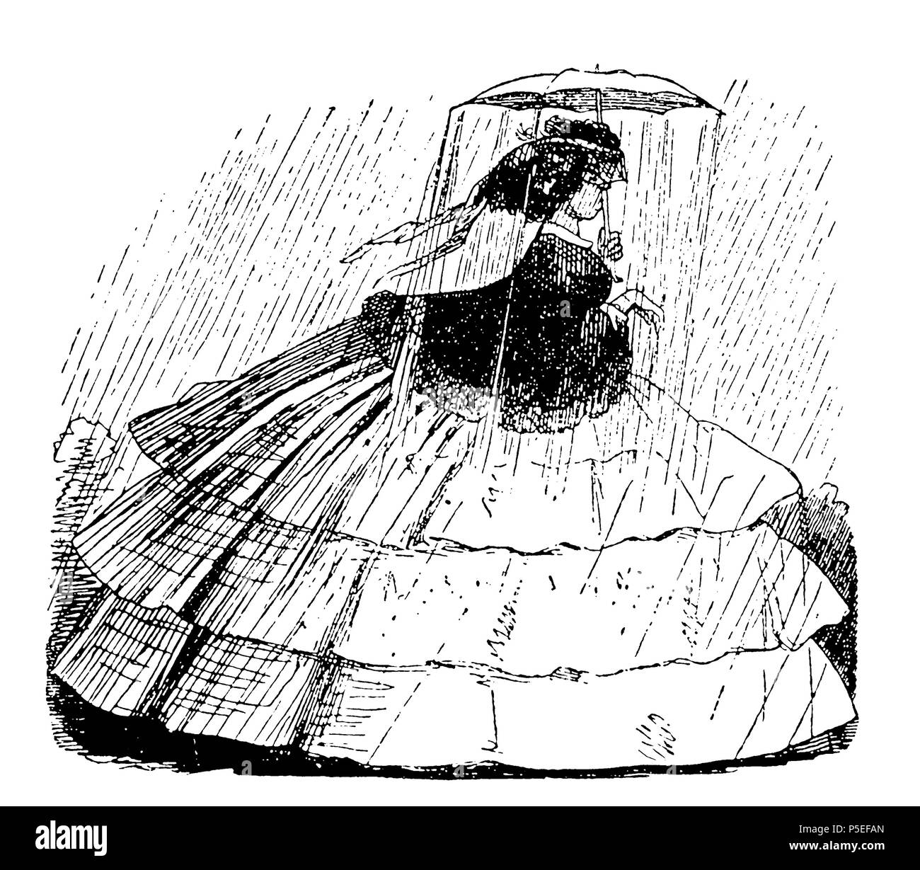 Fashion fin '800, la caricature d'une jeune femme avec une très grosse flounced jupe et un très petit parapluie sous forte pluie Banque D'Images