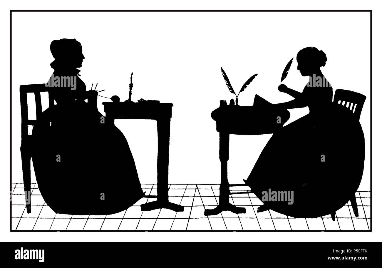 Travail de création contre l'entretien ménager, de croquis silhouette noir et blanc représentant deux types de femmes : une traditionnelle avec capot et de couture et un autre avec du papier et de la douille et la coiffure bun Banque D'Images