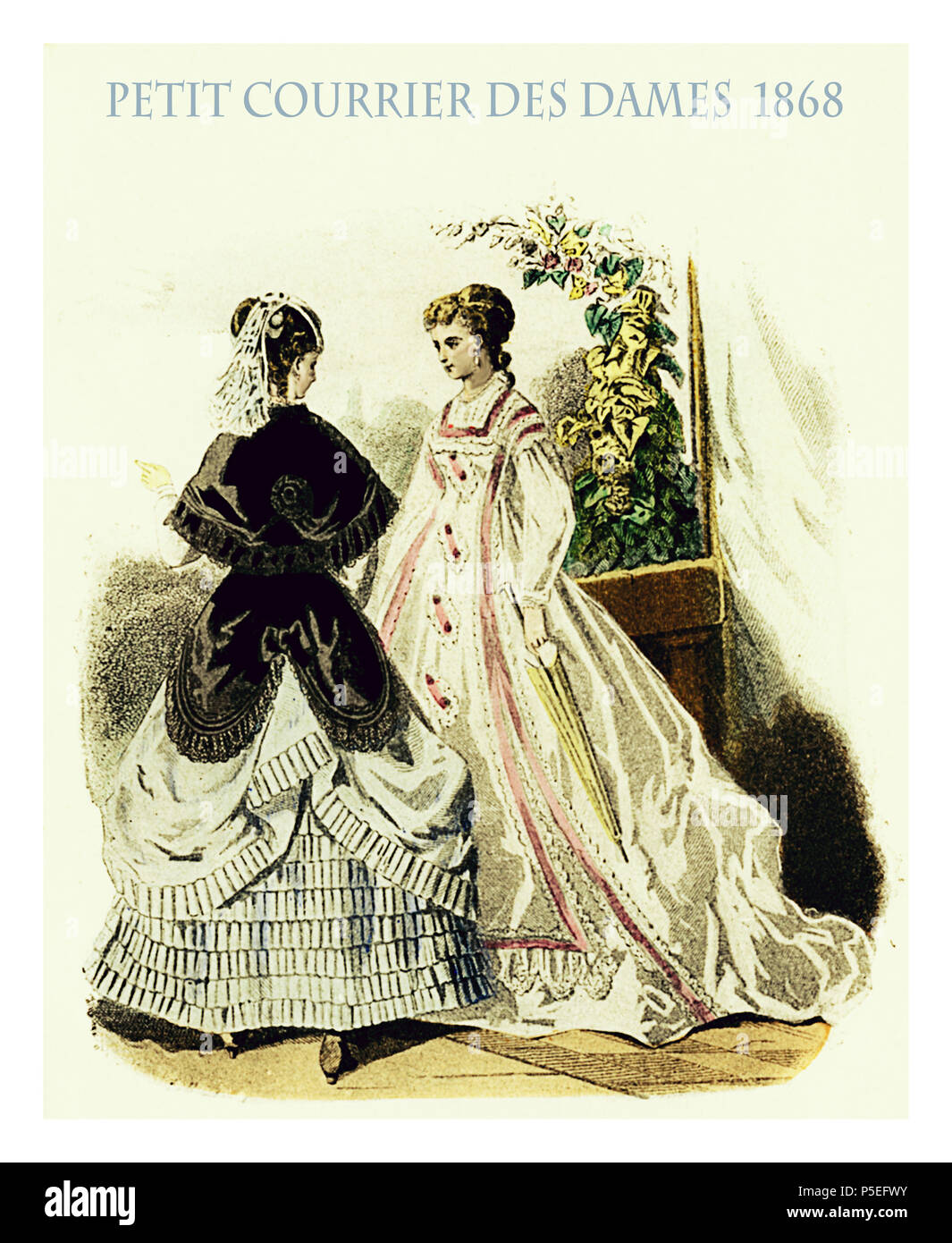 'Fin de la mode 800, le magazine français Petit courrier des dames 1868 présente deux femmes outdoor bavarder avec fantaisie flounced chiffons, cape et la coiffure Banque D'Images