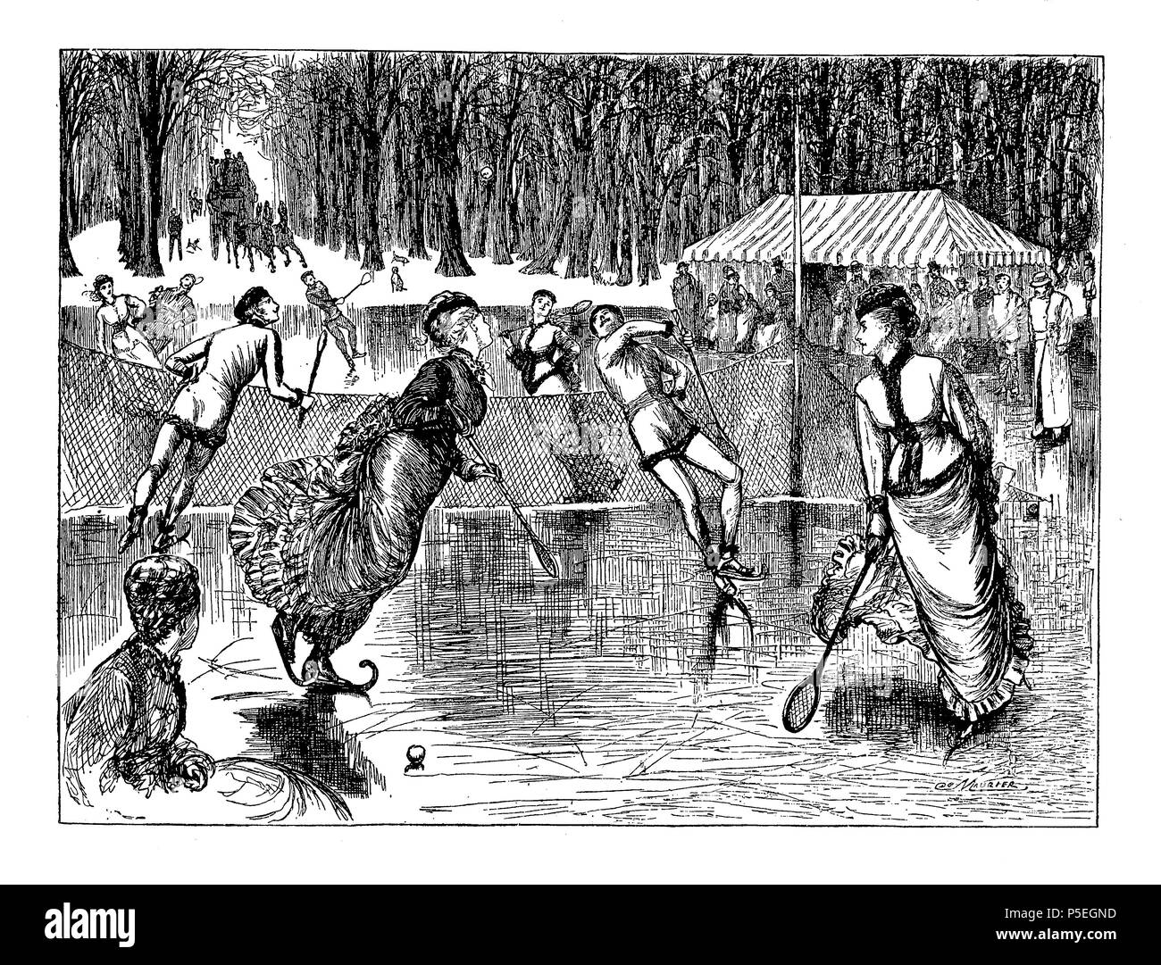 Tennis sur patinoire, caricature montrant un jeu de tennis sur glace par George du Maurier (1834-1896), un caricaturiste franco-britannique pour Punch, 1876 Banque D'Images