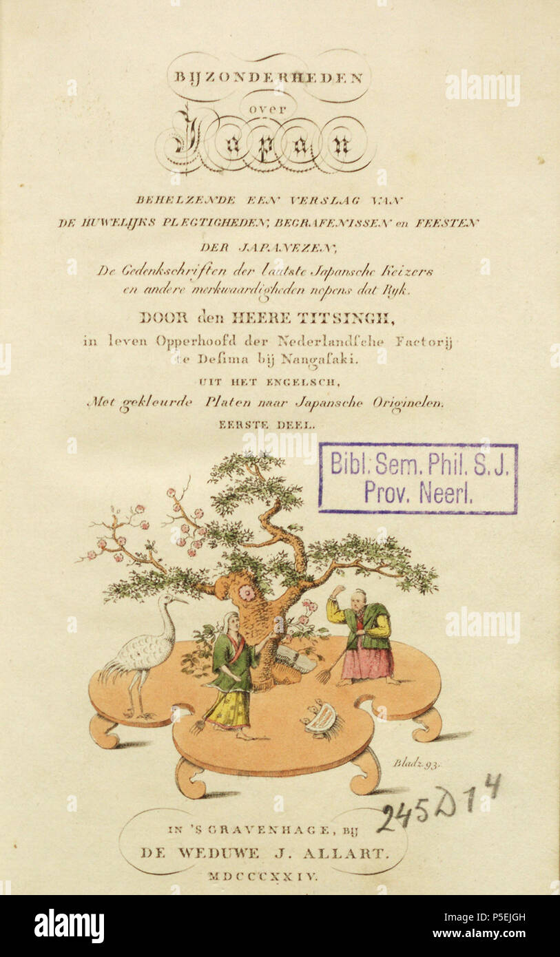 N/A. Anglais : page de titre de la partie 1 de "Bijzonderheden sur le Japon" . 1824. Créateur:Isaac Titsingh Bijzonderheden 200 sur le Japon - titelpagina eerste deel Banque D'Images