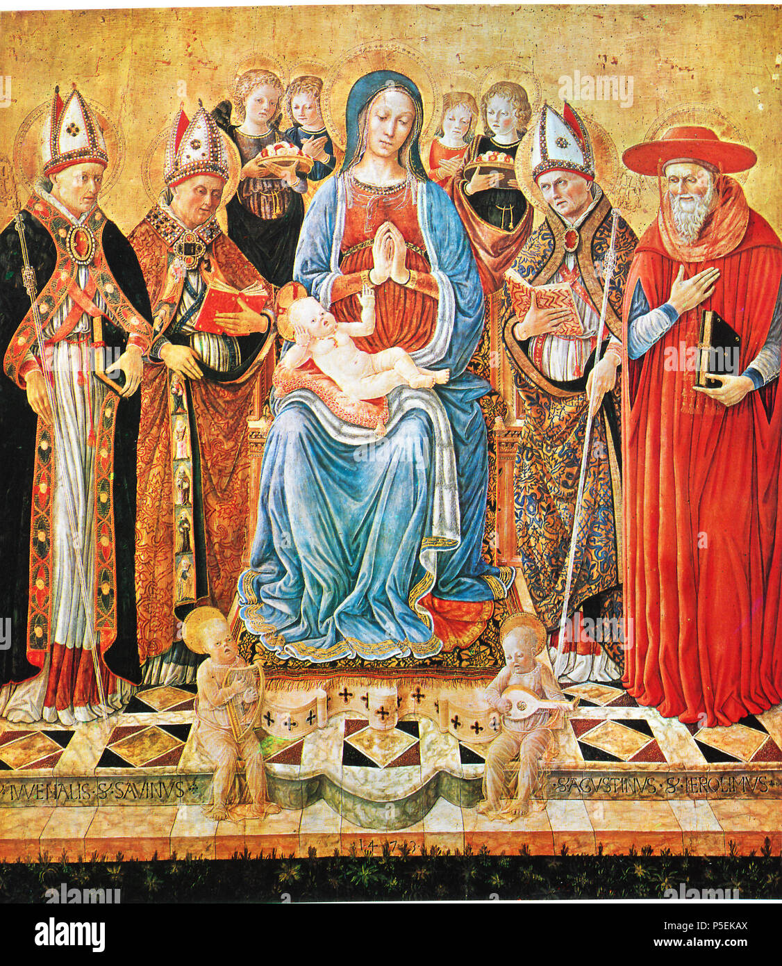 La Vierge Marie et l'enfant entourés de saints et d'anges 4 . La peinture religieuse, pièces d'art . 1743. Giovanni Boccati, ch. 1420 - 1480, l'Italie, l'école 247 Ubrian Budapest kunst 0002 Banque D'Images