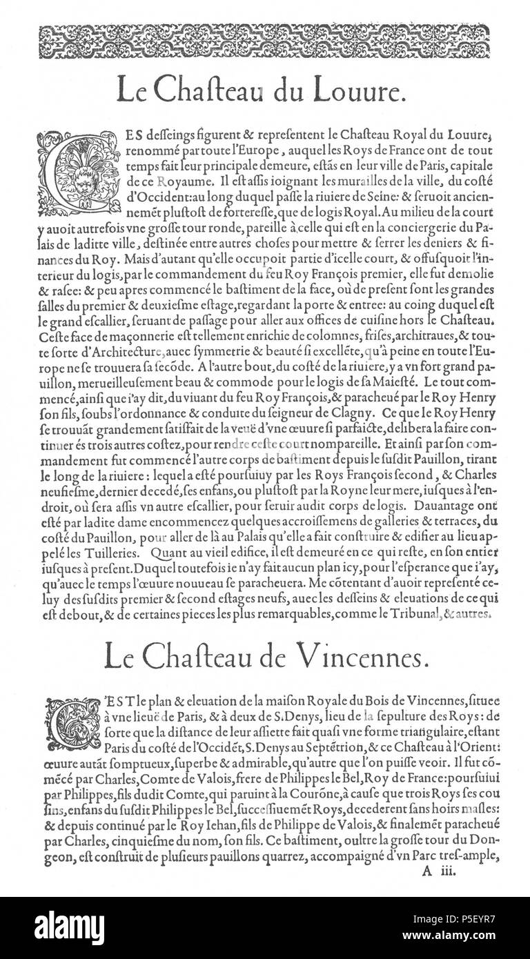 N/A. Anglais : Page de texte discutant le Château du Louvre et le Château de Vincennes, le premier volume des Plus Excellents Bastiments de France par Jacques I Androuet du Cerceau.  <--page précédente page suivante -- > . 1576. Jacques I Androuet du Cerceau (1510-1585) Noms alternatifs Jacques Androuet Jacques Androuet du Cerceau, l'Ancien ; Jacques Androuet du Cerceau, Jacques Androuet DuCerceau Androuet Ducerceau ; Jacques, architecte français Description graveur et dessinateur de cuivre père de Baptiste Androuet du Cerceau père de Jacques II Androuet du Cerceau Date de naissance/ Banque D'Images