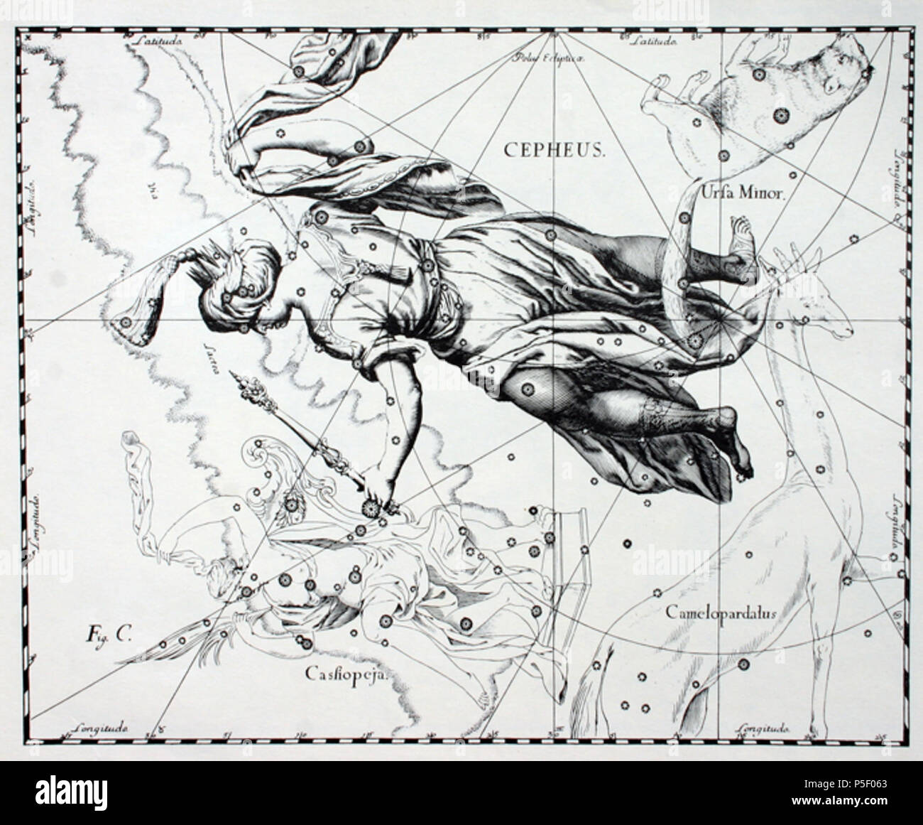 N/A. Anglais : Le fr:à partir de la constellation de Céphée Uranographia par Johannes Hevelius. Le point de vue se reflète dans la tradition des globes célestes, montrant la sphère céleste dans une vue de "dehors" : C - - , "Prodromus Astronomiae", 1690 . - , , "". 1690. Johannes Hevelius 286 Cepheus Hevelius 2 Banque D'Images