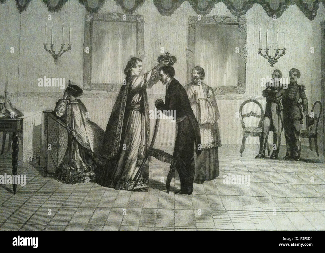 N/A. English : Couronnement de Radama II, dans la chambre de feu la reine Ranavalo, dans Le Monde illustré du 24 janvier 1863, p. 53 . 1863. D'après un croquis de M. A. Païx de la mission étrangère (sic) 385 Couronnement de Radama II Banque D'Images
