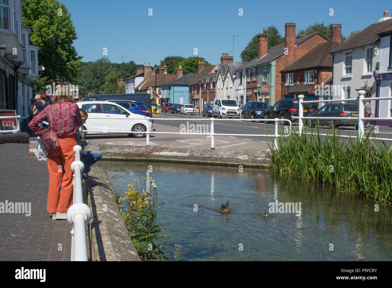 Vue sur le centre-ville de Stockbridge, Hampshire, Royaume-Uni, l'une des communes les plus petites de l'Angleterre un jour d'été. Les visiteurs à la recherche de canards sur la rivière. Banque D'Images