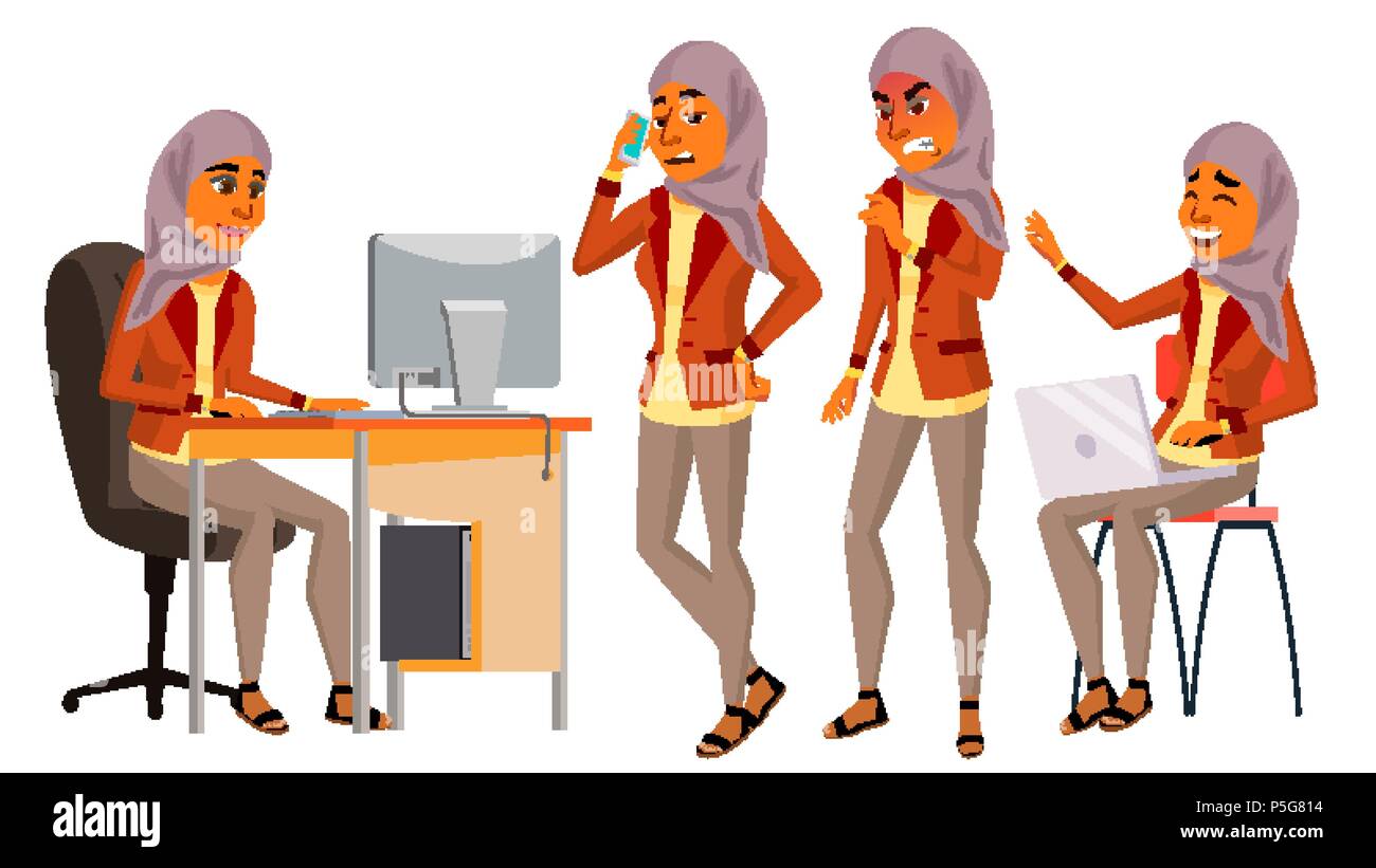 Femme arabe Office Worker vecteur. Femme. Le hijab. L'Arabie, unis, Qatar, Emirats Arabes Unis. Smiling serviteur, Agent. Personne d'affaires. Générateur de scène. Face à des émotions, différents gestes. Télévision Cartoon Illustration Illustration de Vecteur