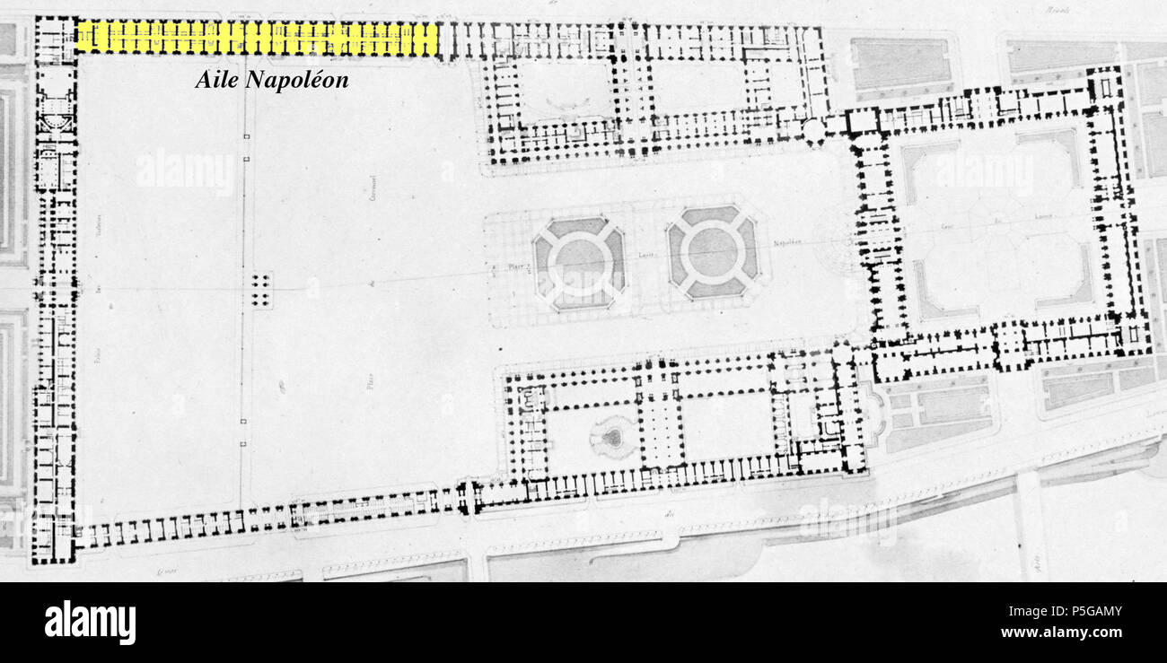 Une impression ; Édouard Baldus (Français, né en Allemagne, 1813 - 1889) ; Paris, France ; 1852 - 1857 ; impression sur papier salé ; 84.XO.735.3.1.3 70 Aile Napoléon sur un plan de 1852 du Louvre par Visconti Banque D'Images