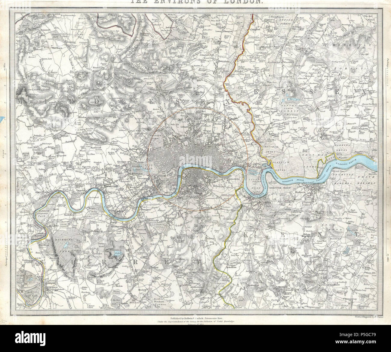 1832 S.D.U.K. La carte de London et des environs, en Angleterre - Geographicus - LondonEnvirons-SDUK-1832. Banque D'Images