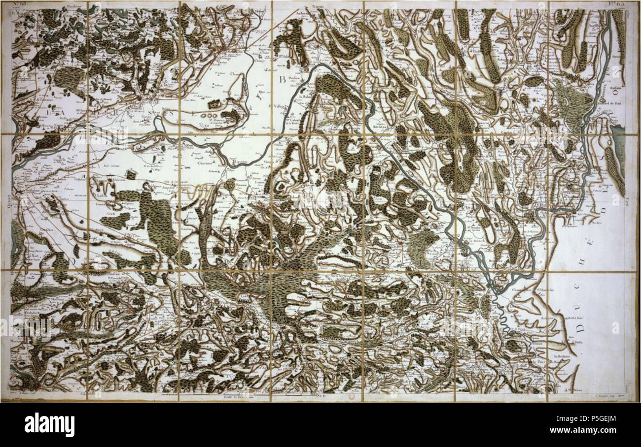 Français : Carte générale de la France ; 118. [Environs de Belley] entre 1759 et 1762. Roch Brunet, (17..-17..), graveur ; Charles-Nicolas-Dauphin de Beauvais, (1730-1785). graveur en lettres ; Miquel (17..-18..  ; Cartographe). cartographe ; Etienne-Nicolas de Calon, Etienne-Nicolas de (1726-1807)., cartographe ; Le Roy des carreaux. cartographe Le Roy de Boscroger, cartographe ; César-François Cassini de Thury, (1714-1784). cartographe. Éditeur scientifique 281 Cassini. Feuille 118 Belley Banque D'Images