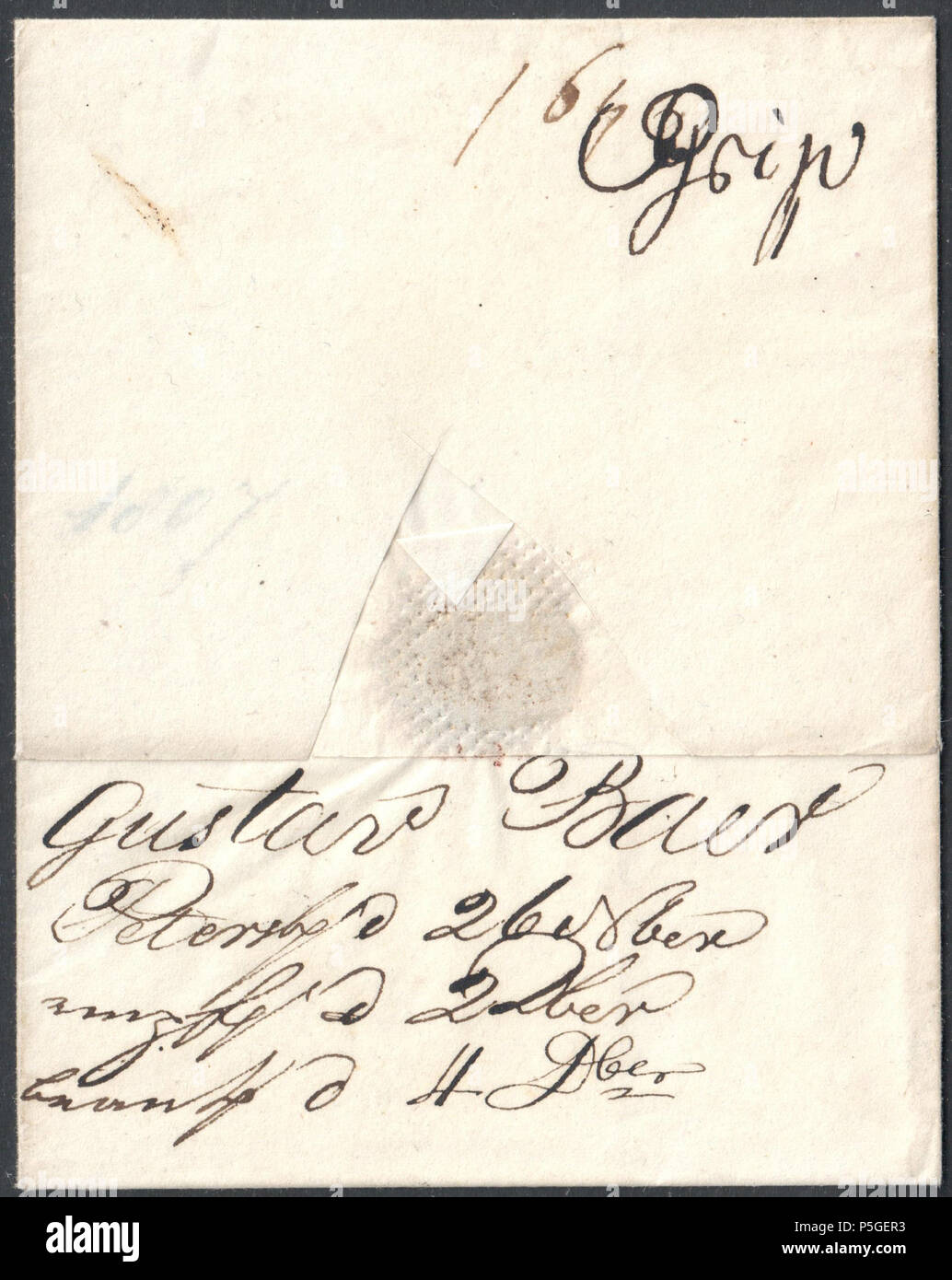 N/A. Anglais : marche arrière d'un ensemble de 1807 envoyé de Saint-Pétersbourg à Riga en ligne droite de roulement ST.PETERSBOURG handstamp, dos manuscrit '16K'. Le 14 novembre 1783, les tarifs postaux dans l'Empire russe ont été rendues uniformes par décret. Les tarifs sont valides jusqu'en 1830. Des lettres pesant 1, lot (12.7974g / 0,451 oz), ont été accusés par 100 verstes (distance la verste était 1,0668 0,6629 km / 1,6 km) : Jusqu'à 100 verstes 6 kopecks entre 100 et 1 500 verstes 2 kopecks par 100 verstes entre 1500 et 3100 verstes 1 kopek par 100 verstes  > 3100 verstes 50 kopecks. Cette lettre a été évaluée à 16 kopecks, qui l'égalité Banque D'Images